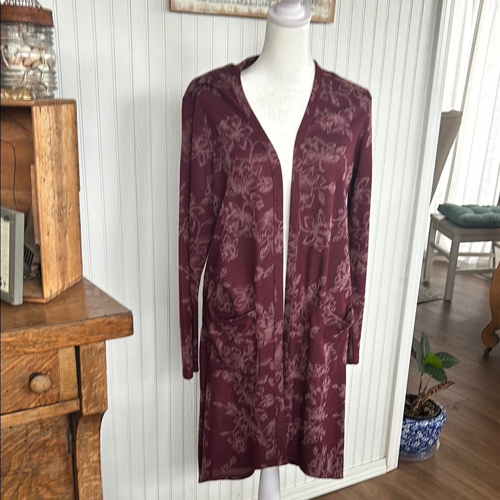 Burgundy floral knit cardigan